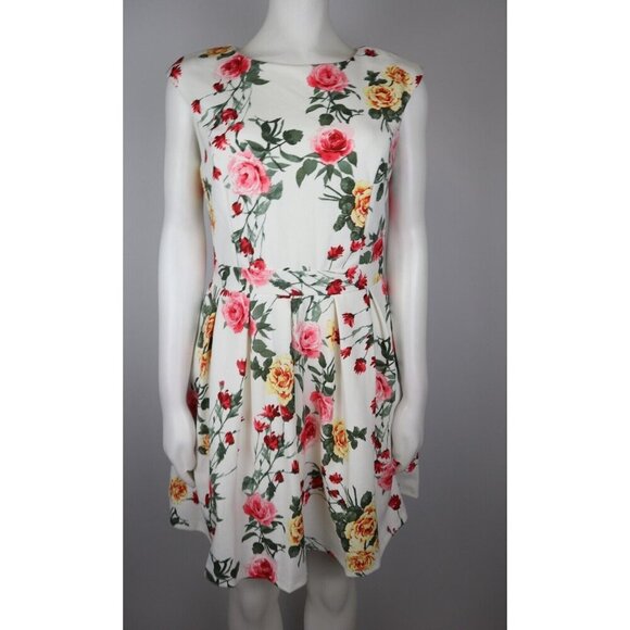 EMERALD SUNDAE - WOMEN'S WHITE FLORAL PRINT FIT & FLARE DRESS - SIZE L - Picture 2 of 6